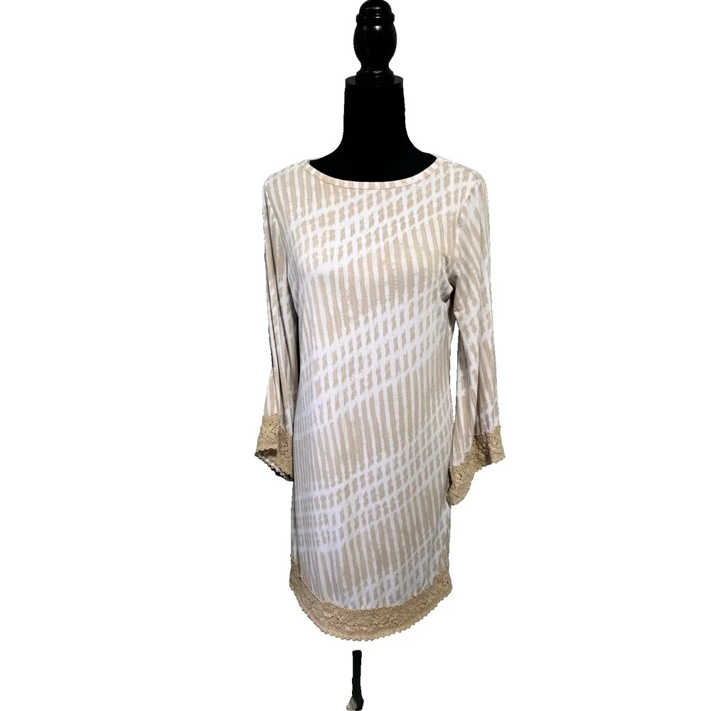 Michael Kors Womens Midi Sheeth 3/4 Sleeves Tan Embroidered‎ Dress  Size M